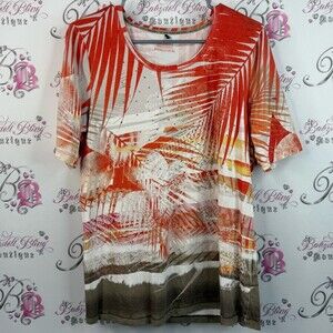 Olsen t-shirt, tropical, rhinestone crystals, Women's Tropical Print Top flowers